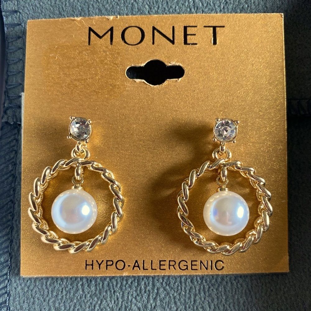 Vintage Monet Faux Pearl Gold Long Dangle Drop Stud Post Earrings